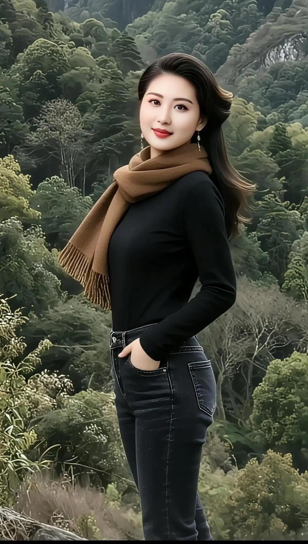 森林中的时尚少女，黑衣与棕围巾的完美搭配，自然与优雅的完美融合。