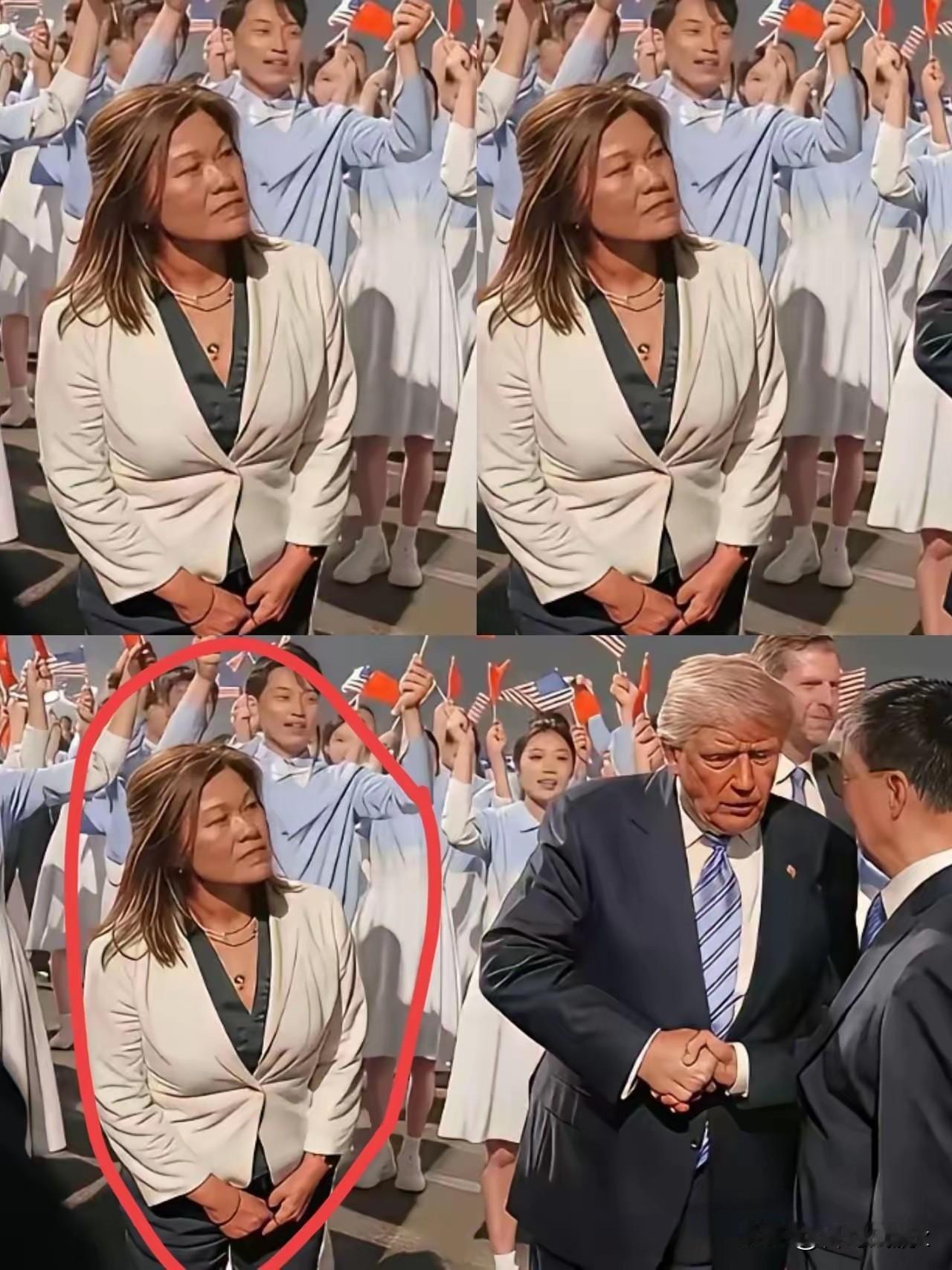 美方随行翻译的穿搭，属实让人有点意外。这次见面会大家都盯着台上，结果发现一个