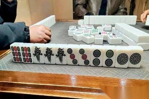 我哥们儿“哗啦”一下把牌推倒，往桌子中间一亮：三张九条，三张幺鸡，一筒二筒三筒各