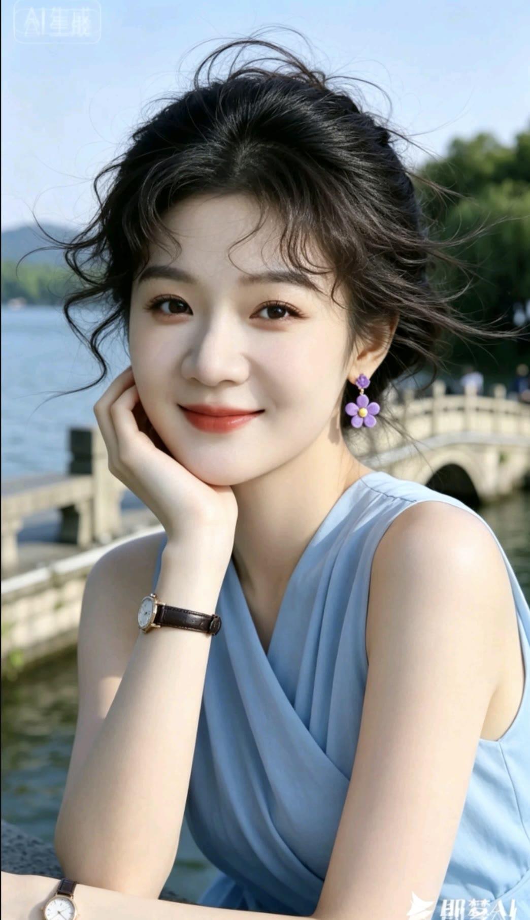 夏日清新，优雅蓝裙，河畔悠然自得