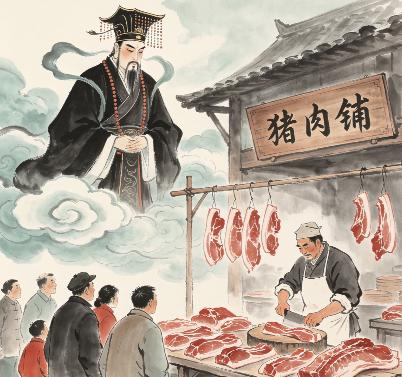 阎王爷考察人间，见一猪肉铺生意火爆，翻开生死簿后大惊：这屠夫死了10年还在杀猪？