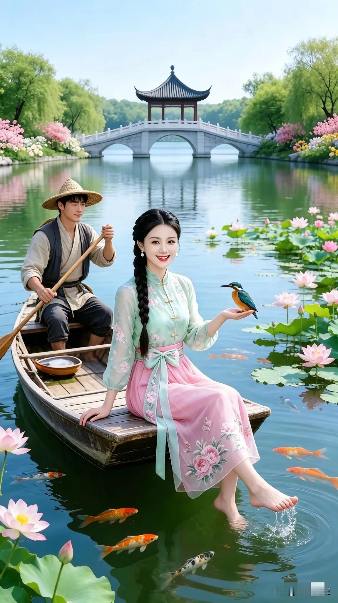 上联：轻舟漫入荷花里下联:佳丽端坐碧水来