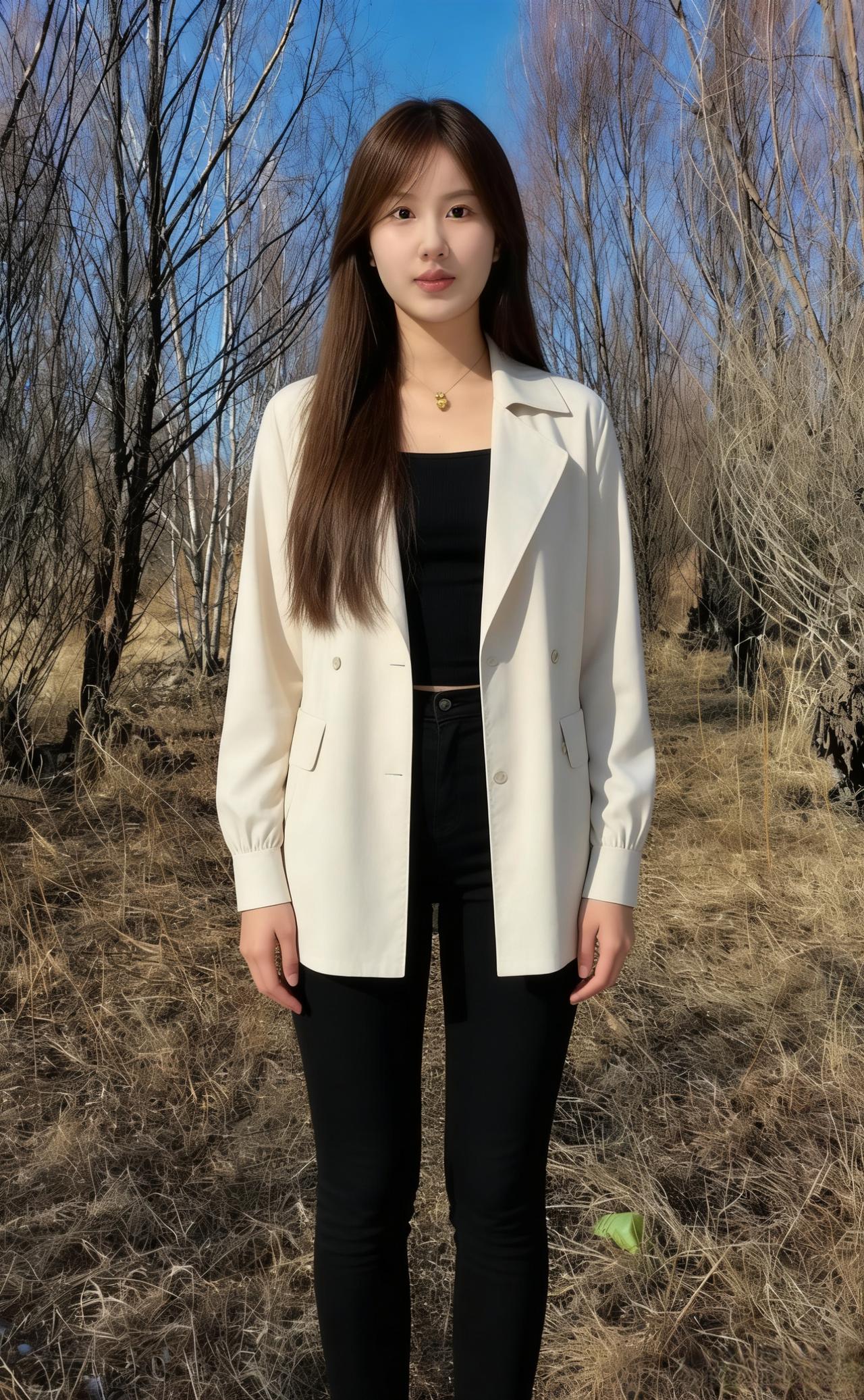 荒林枯草环绕身旁西装衬出利落大方长发轻垂，眼底满是坦荡清冷从容，自带万丈柔