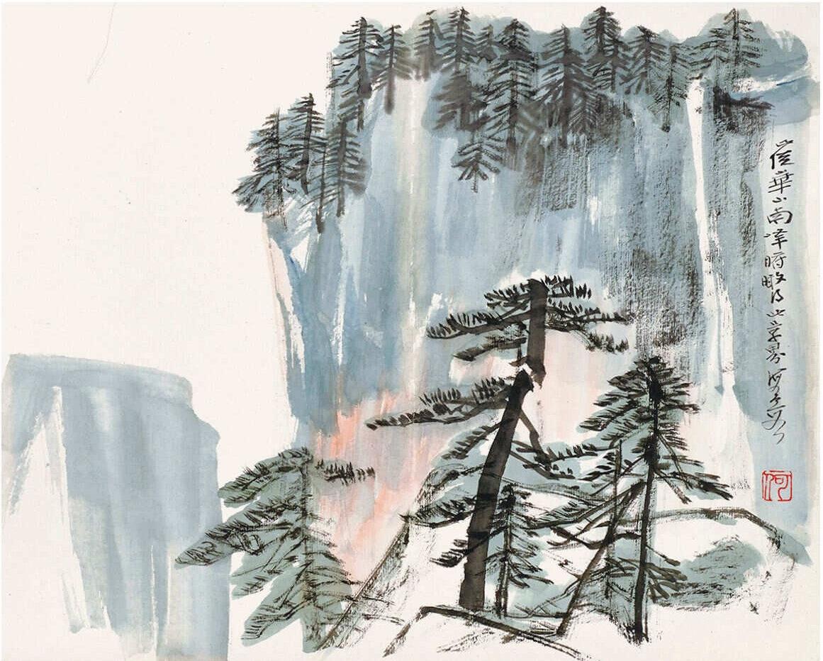 何海霞早年师从张大千，深得宋元以来北宗山水精髓。后融入写生观察与时代气息，形成了