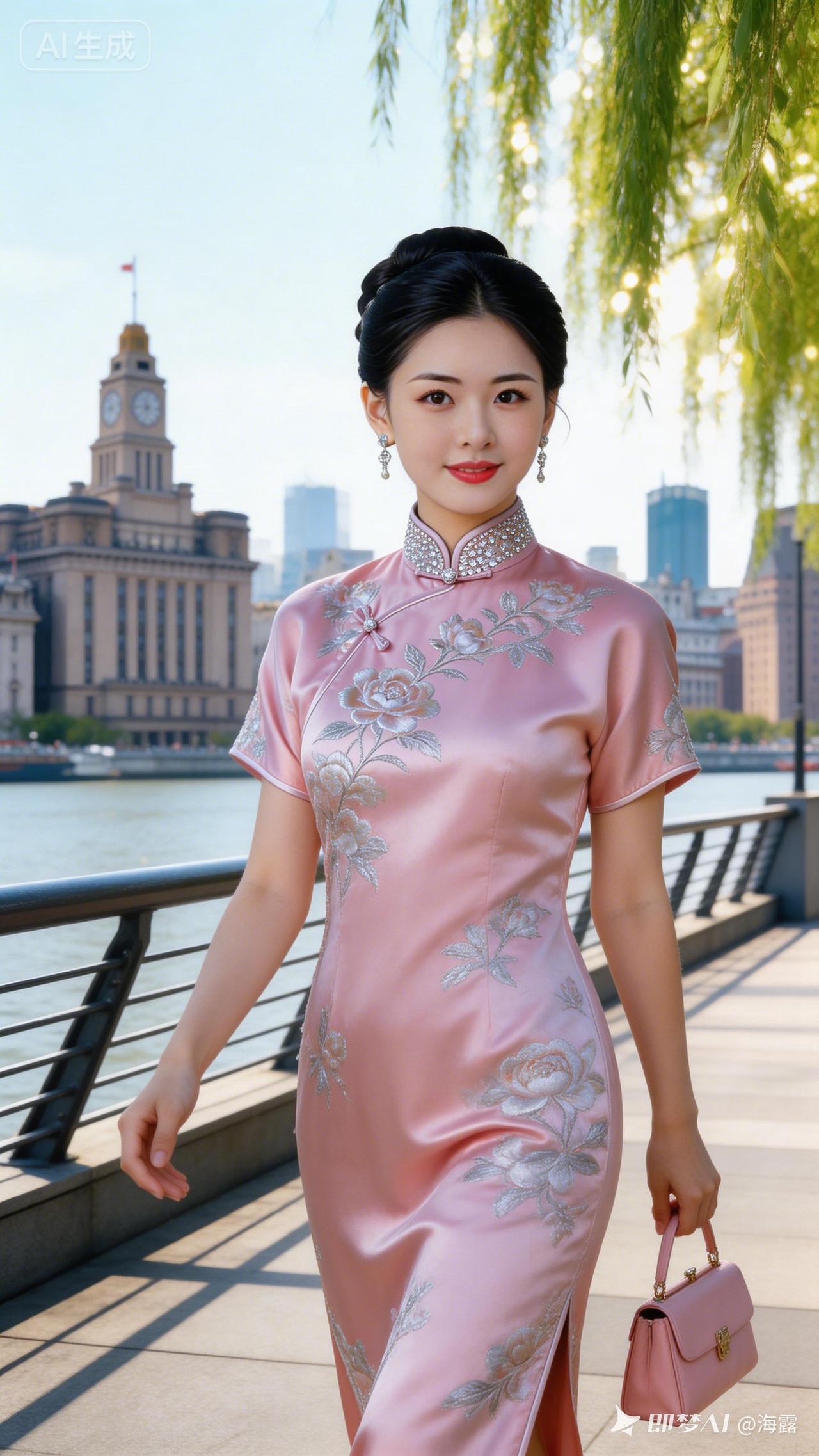 优雅旗袍漫步外滩，尽显东方韵味！