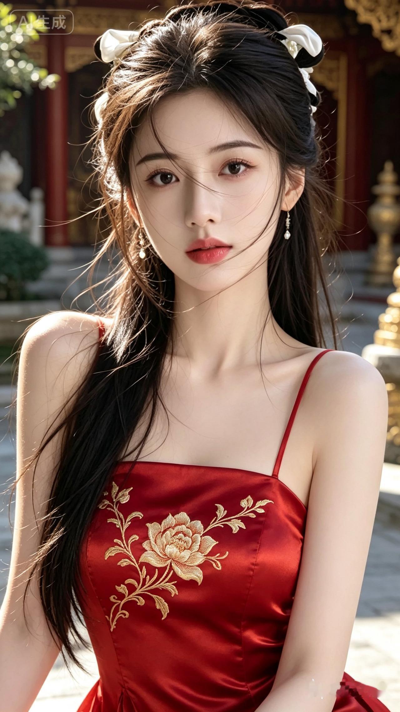 东方古典美少女，红衣金花，惊艳古风！
