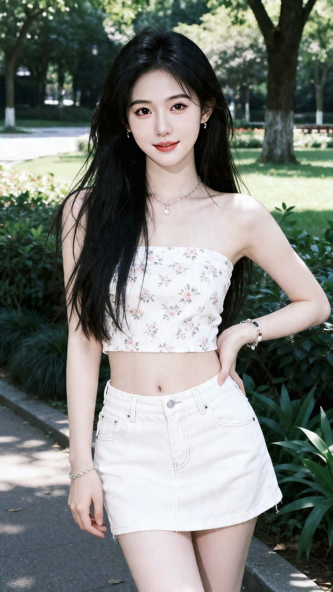 绿树阴中见，红妆倚栏杆。