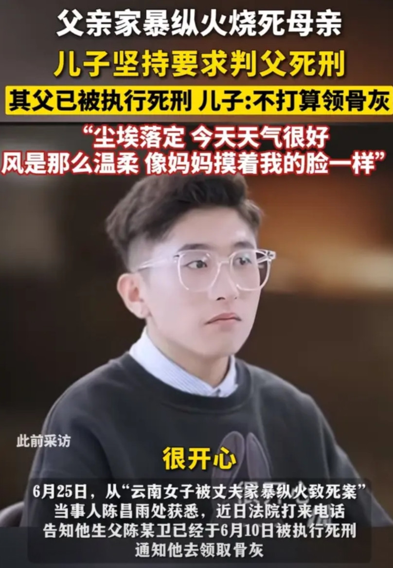 父亲被判死刑，儿子却说“很开心”，原来他妈妈是被父亲家暴纵火烧死这个小伙叫陈