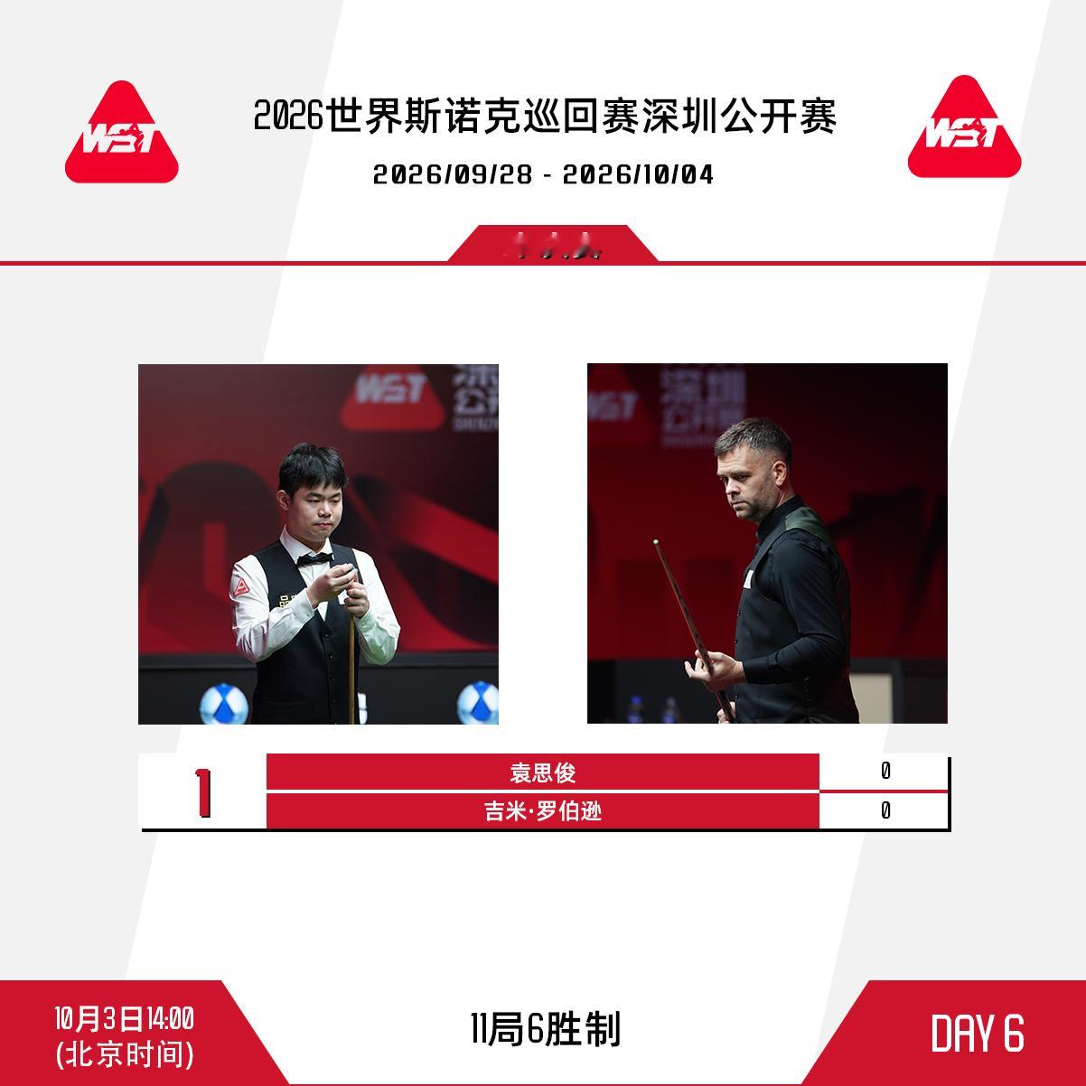 2026斯诺克深圳公开赛第六比赛日赛程安排如下：北京时间14:00，袁思俊与吉