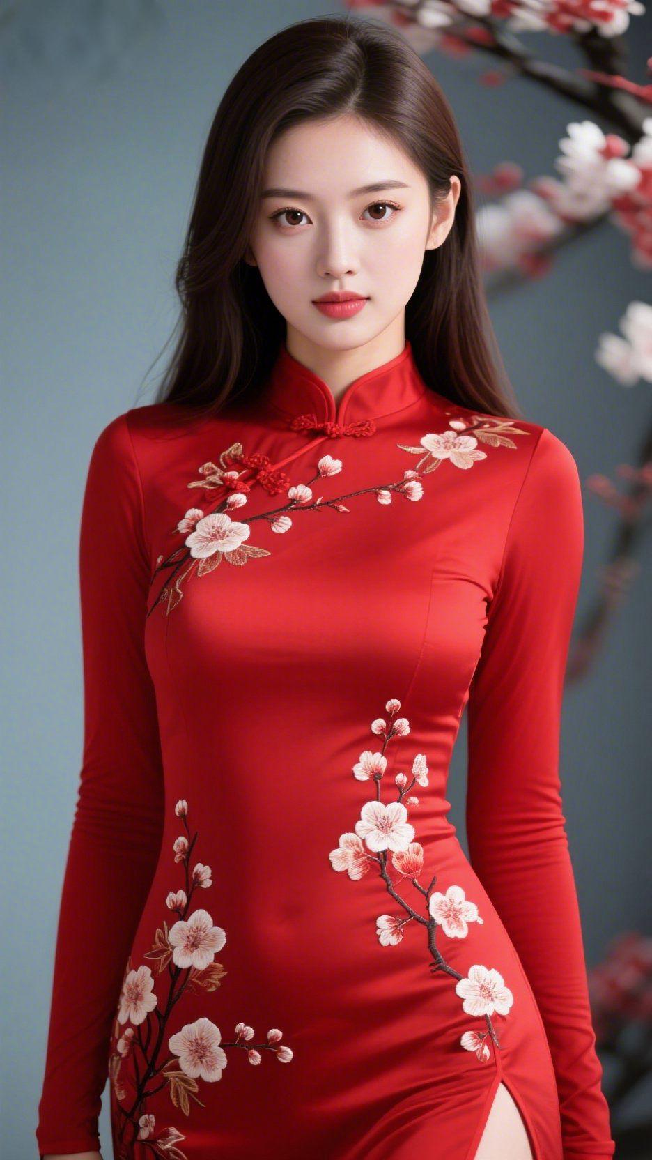 红袍绣梅凝雅韵灰蓝背景晕着梅枝的疏影，将一袭正红旗袍衬得愈发明艳。旗袍的缎
