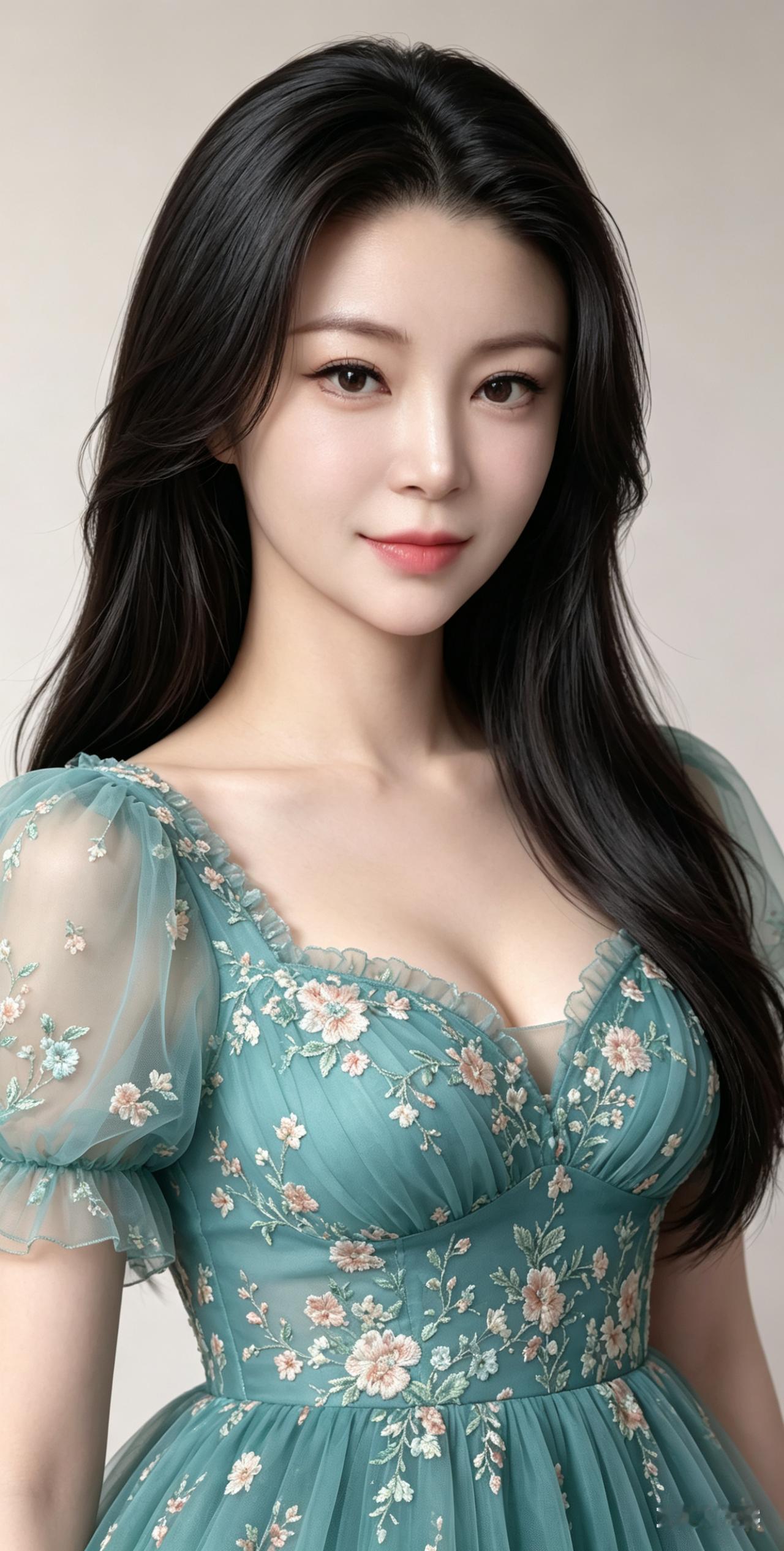 黑发少女身着蓝绿碎花纱质连衣裙，浅笑望向镜头。微距凸显肌肤发丝刺绣细节，立体柔光