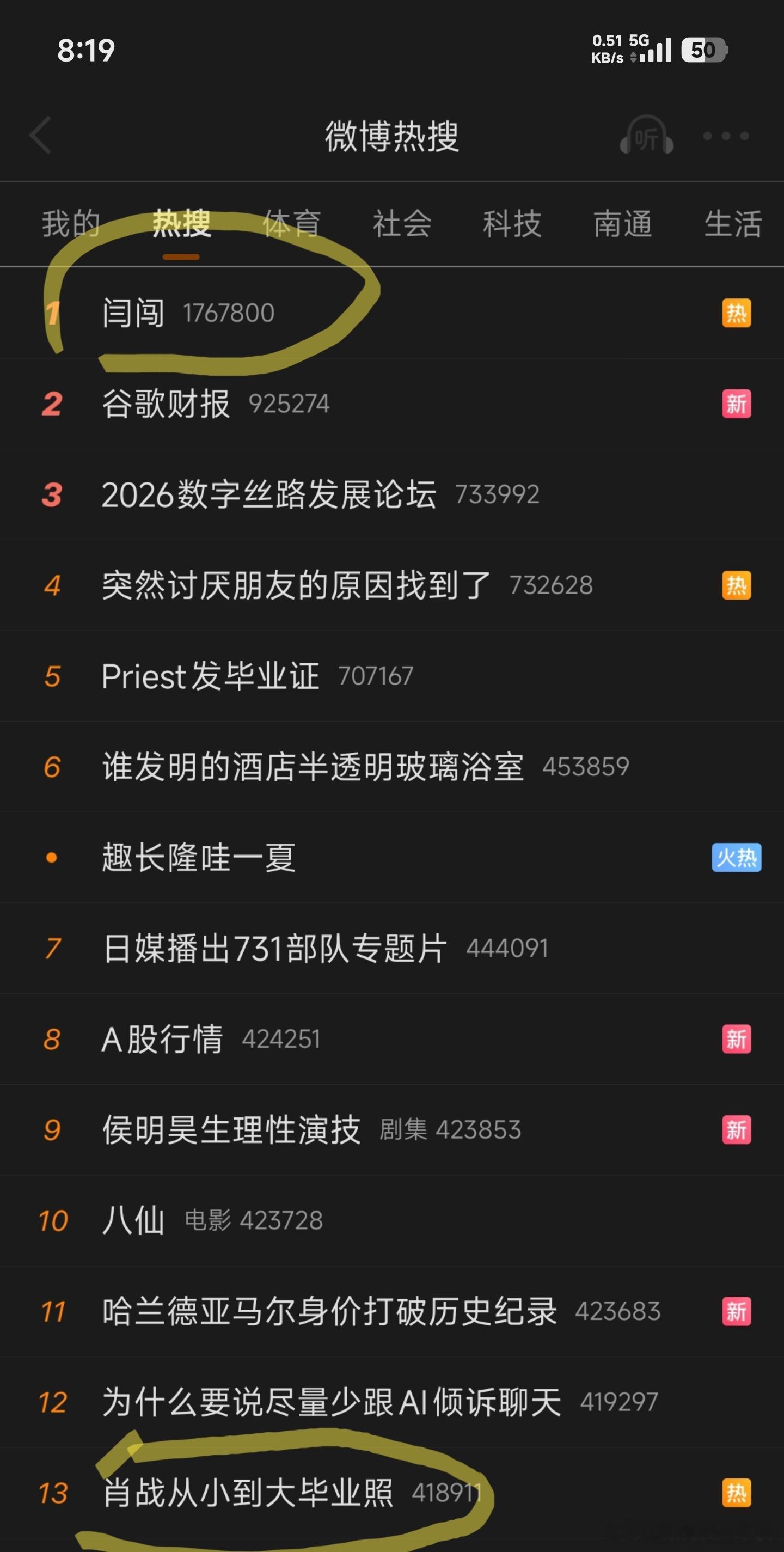 闫闯肖战从小到大毕业照今天热搜第一、第十三，分别是王一博和肖战继续观察热搜次序