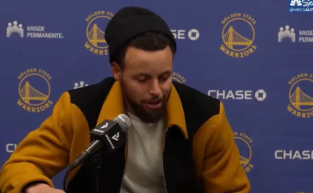 NBA常规赛，勇士111-95击败森林狼。赛后勇士球员斯蒂芬-库里接受了记者采