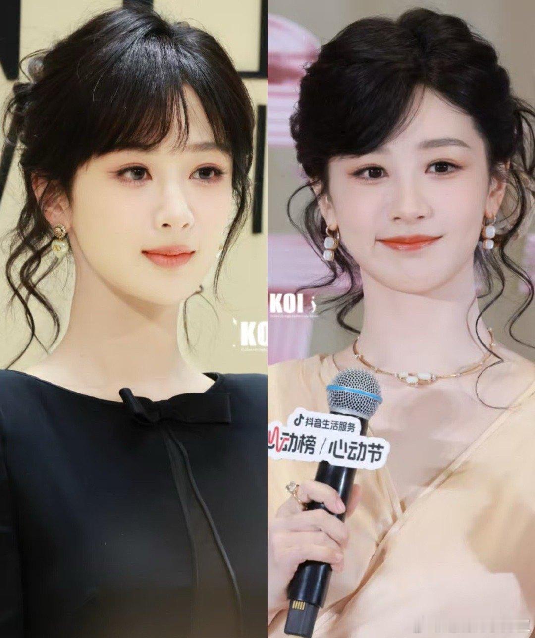 杨紫近期两套造型，她还挺适合小卷发，甜甜嘟