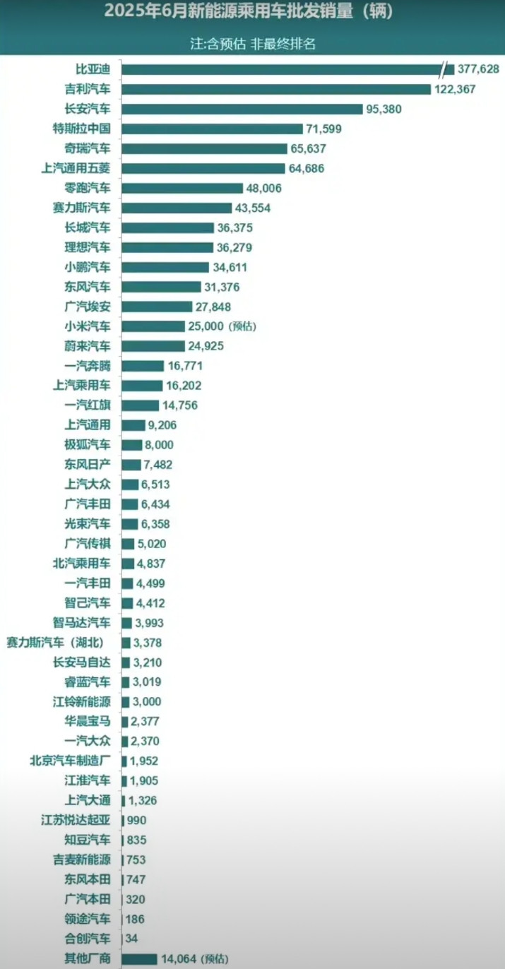 六月新能源汽车批发销量。比亚迪37.76，市占率30％。还算在警戒线以上了。