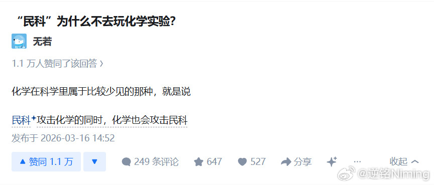 民科一般只能在那种普通人无法短期辨别真伪的领域进行，比如理论物理和数学。对化学、