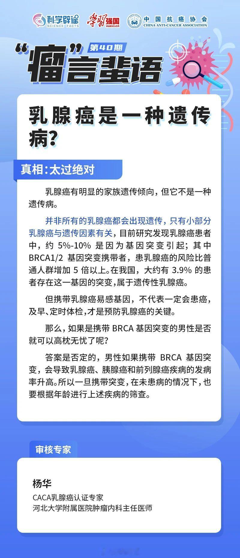 【乳腺癌是一种遗传病?太过绝对】乳腺癌有明显的家族遗传倾向，但它不是一种遗传病