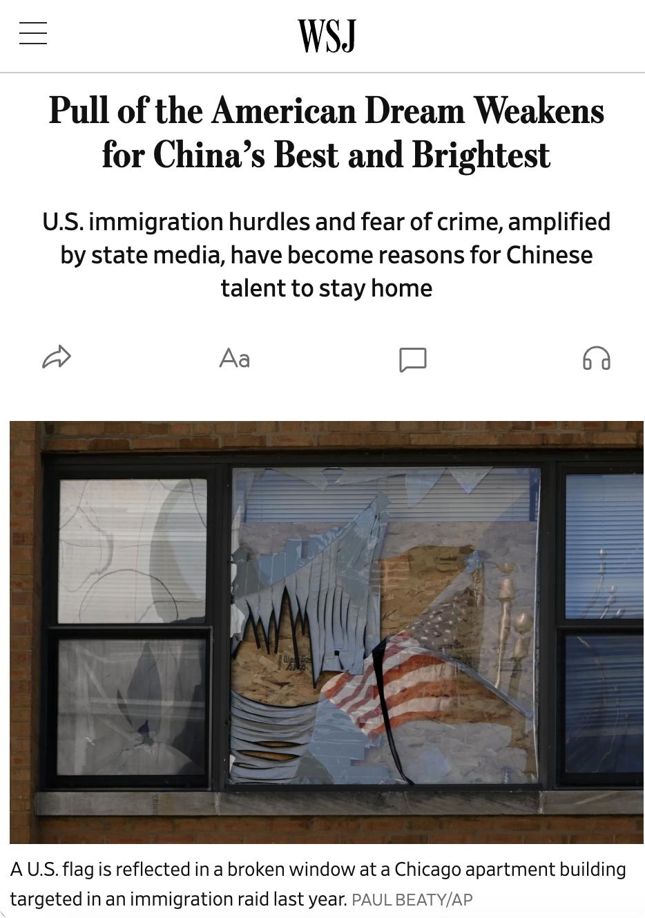 美媒：随着美国移民门槛提高以及由国家媒体的宣传，逐渐削弱了美国在中国年轻一代中的