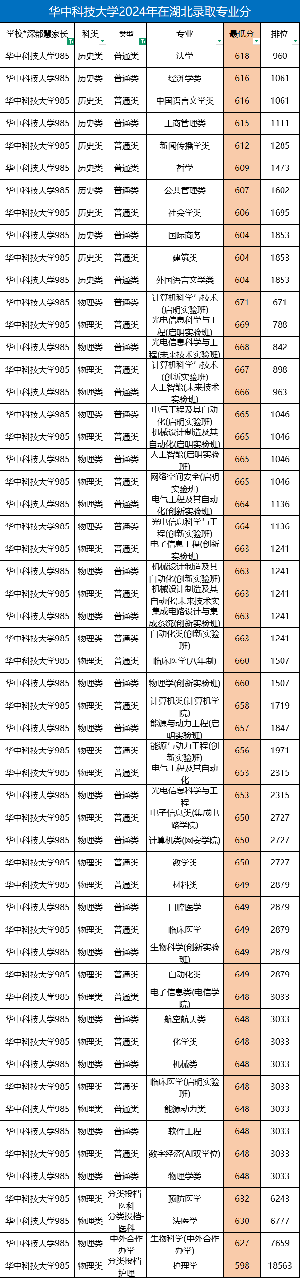 华中科技大学2024年湖北各专业录取分
