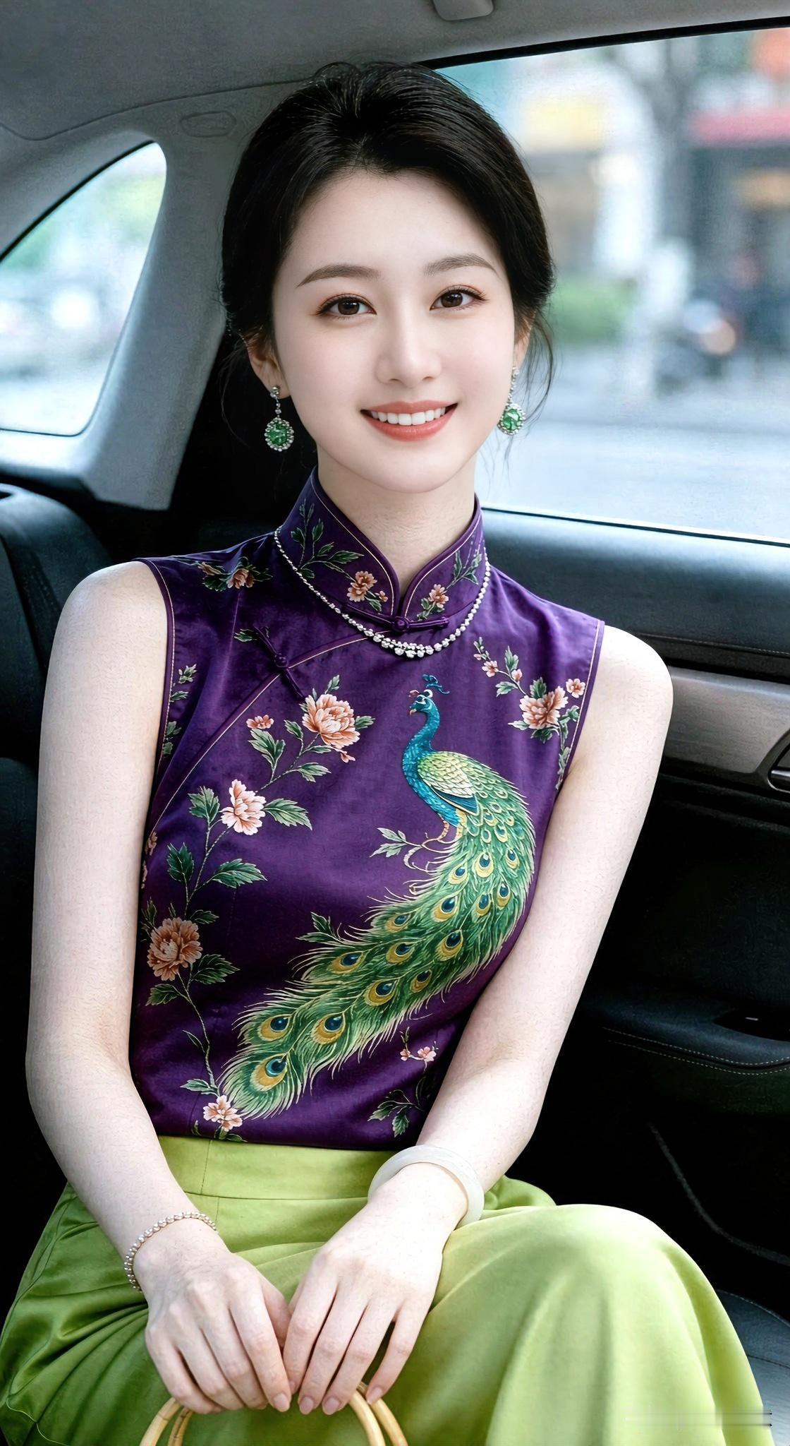 一袭紫调新中式旗袍，孔雀牡丹纹样典雅大气，坐在车内，温婉古韵扑面而来，尽显东方女