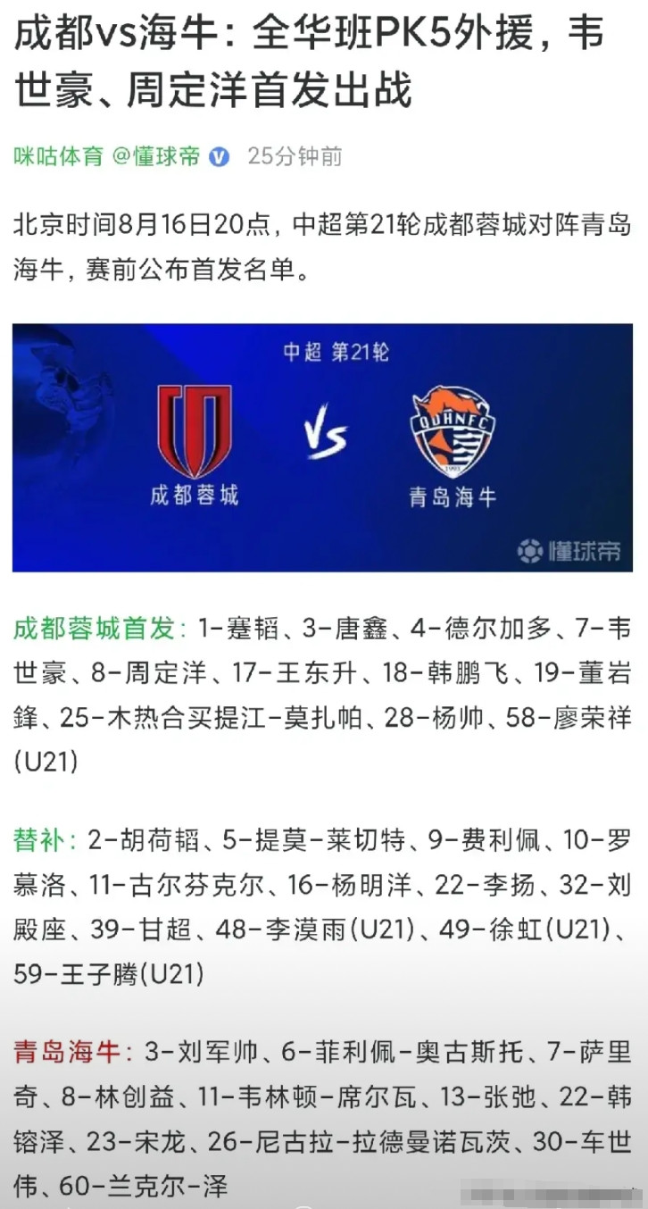 成都蓉城全华班首发，青岛海牛笑纳大礼成都蓉城主教练有点意思，居然主动“放弃”，