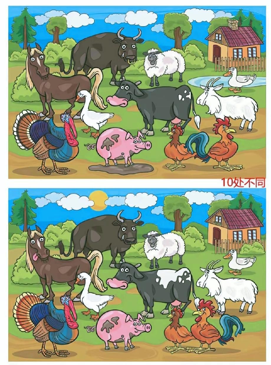 这组“农场动物”找不同太烧脑，10处区别我只找到2处，你能找出几处？