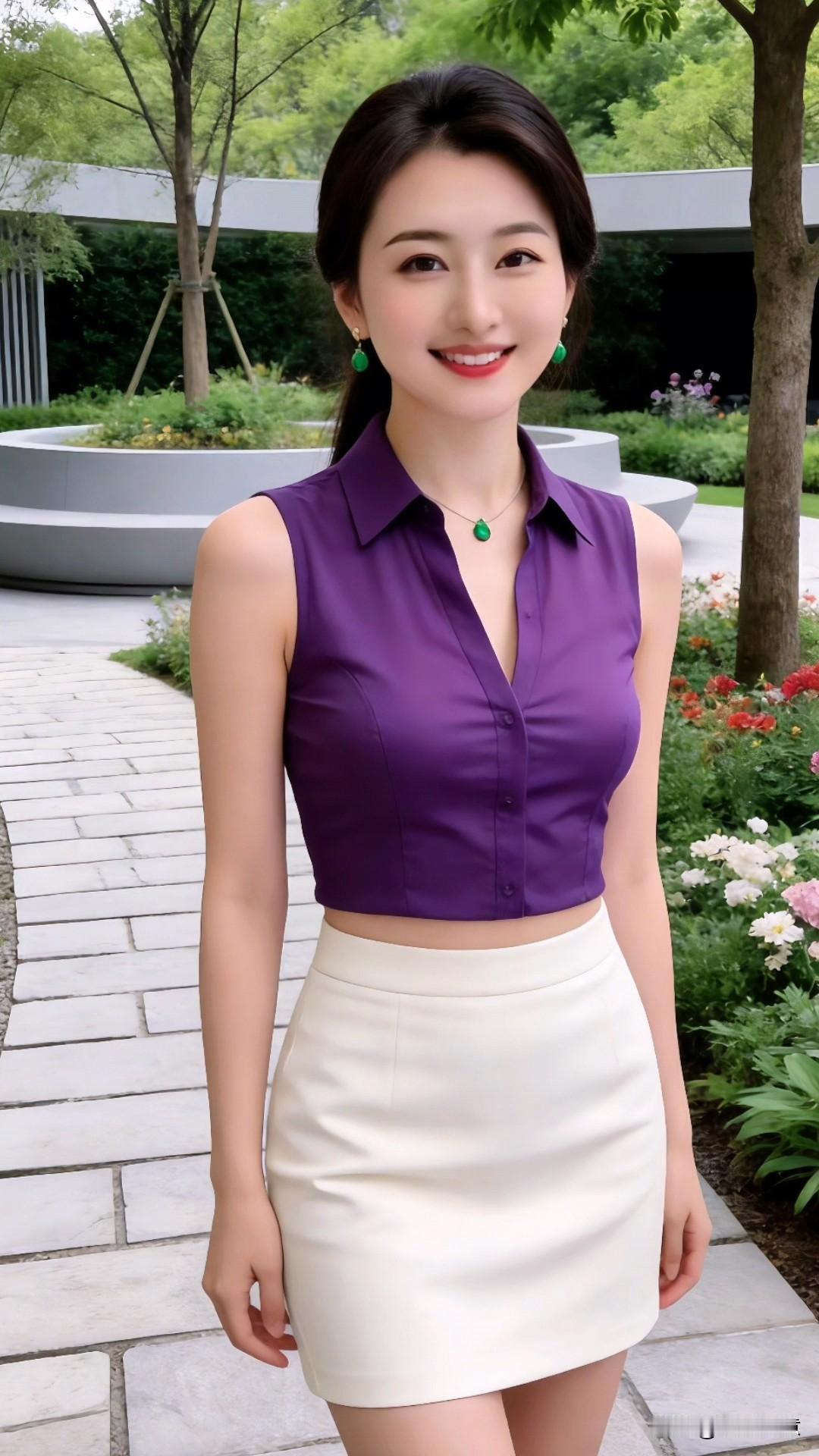 今天这套是我最近超爱的日常休闲look！深紫色无袖短款衬衫，刚好露出腰线，悄悄