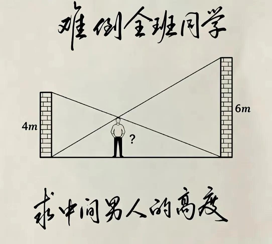 难倒全班同学的一道几何题，两面墙分别高4米和6米，两条斜线相交，求中间这个人的高