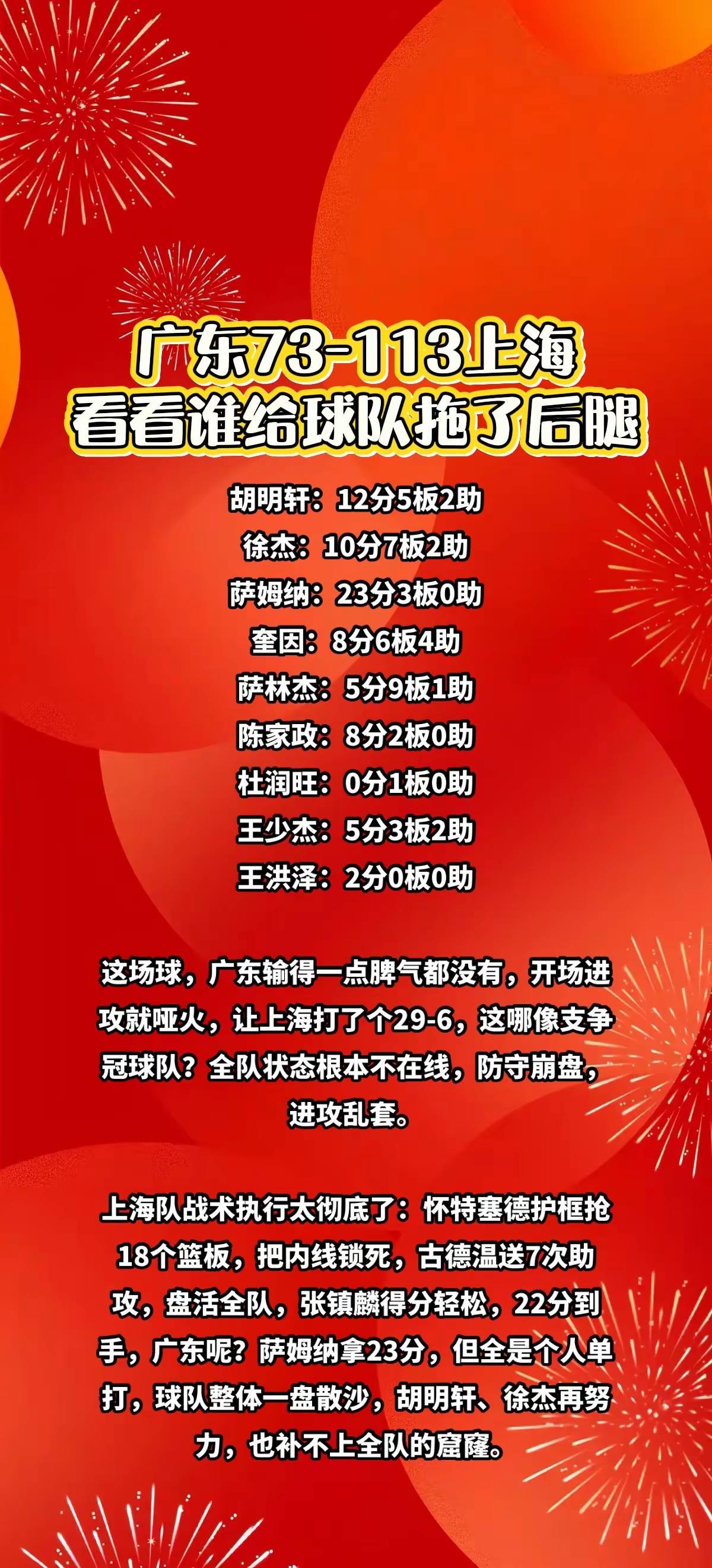 广东73-113上海，看看是谁拖了后退。cba广东男篮上海男篮热门