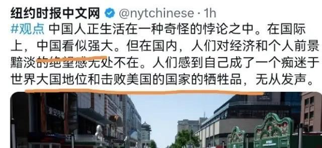 纽约时报称，“中国人生活在一种奇怪的悖论中，在国际上中国看似强大，但在国内，人