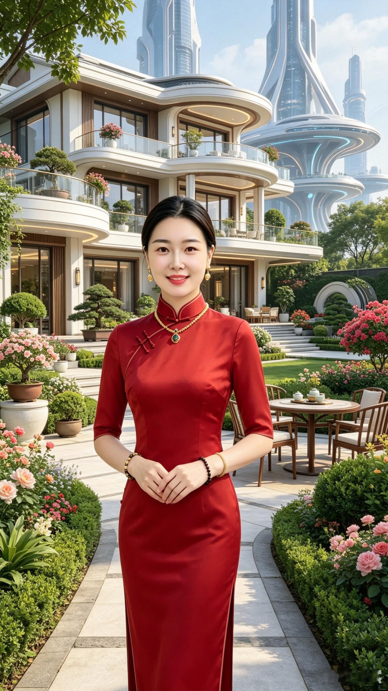 一位身着红旗袍的美人立于一座超大型现代别墅的庭院之中，镜头将她的全身完整捕捉。
