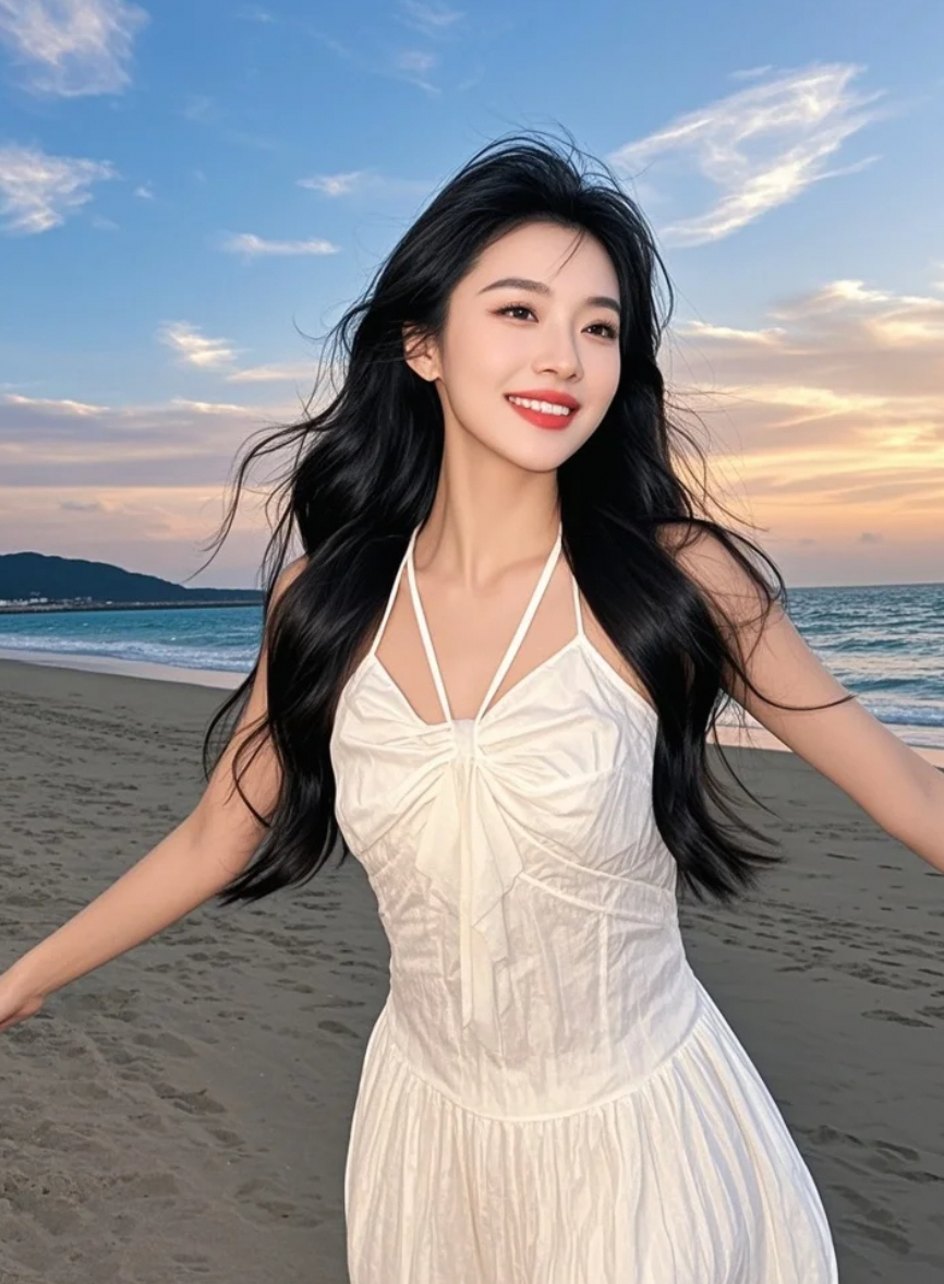白裙如云，长发似瀑，夕阳为她镀上金边