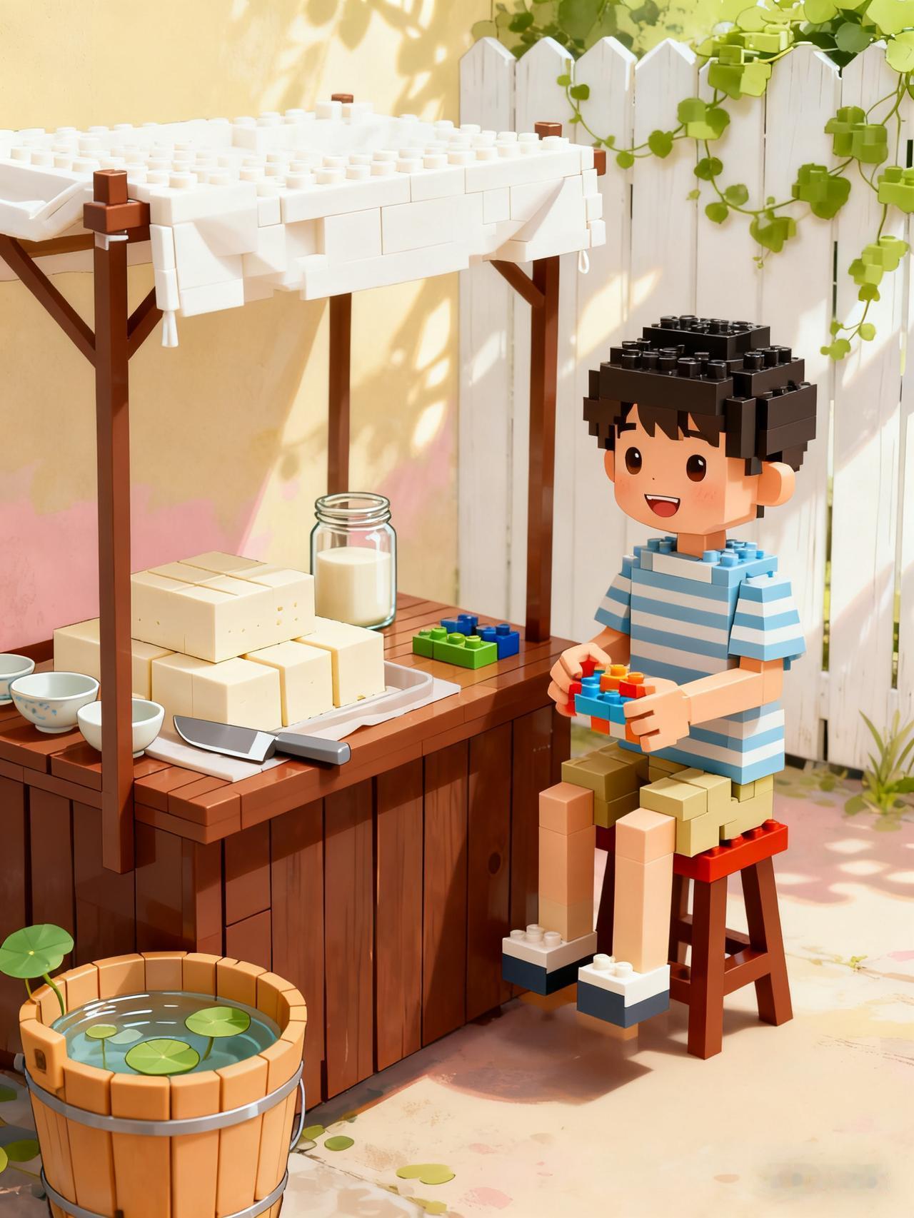 去菜市场看到有一个小男孩在帮母亲看着豆腐摊位，没人买豆腐时，他在凳子上玩着拼接玩