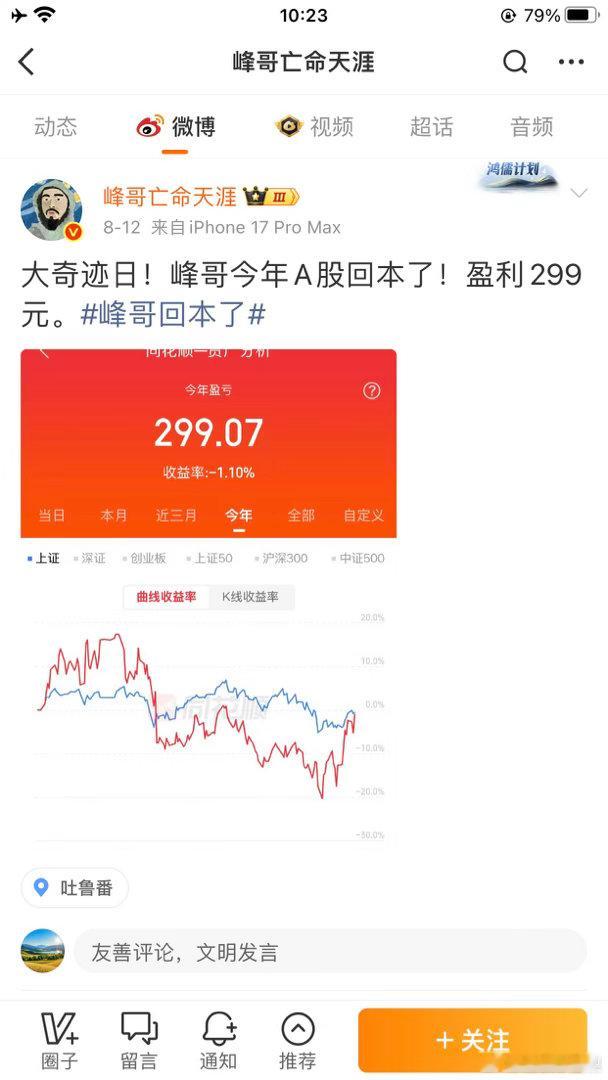 峰哥投入本金500万，今年1～8月总共赚了299元，300还差一块，这还是在7月