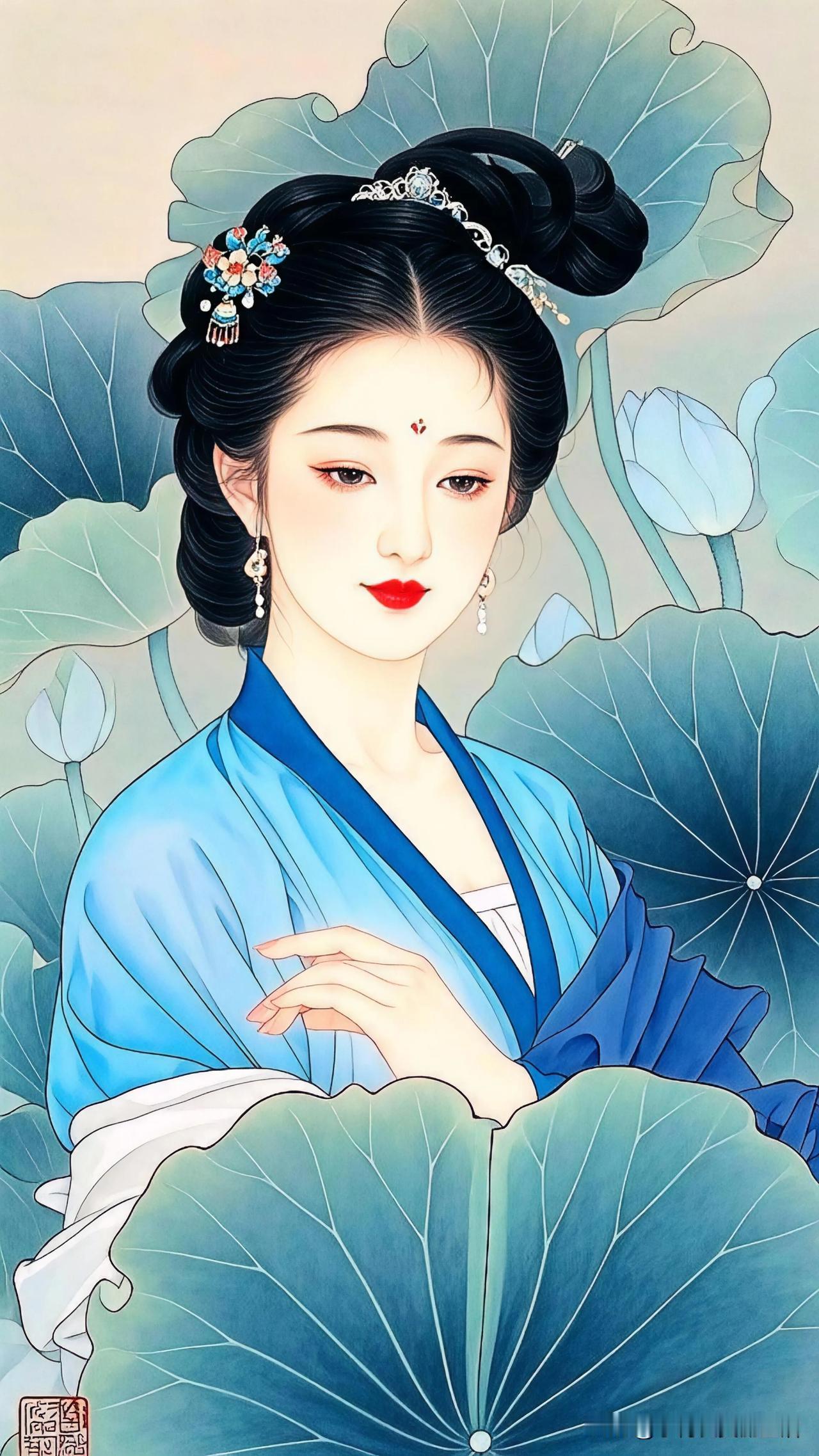 莲花美人图，清雅入画来。