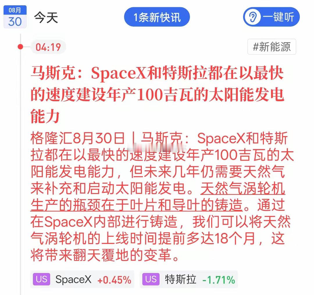 马斯克重磅表态！光伏、燃气轮机赛道迎来情绪催化马斯克放出大消息，特斯拉和Spac