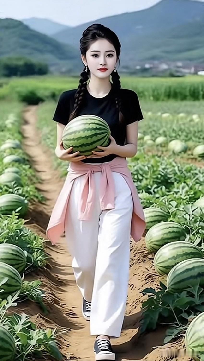 田园少女手捧西瓜，夏日清凉自然美！田园里的美女田园采摘姑娘田园采果少女田园
