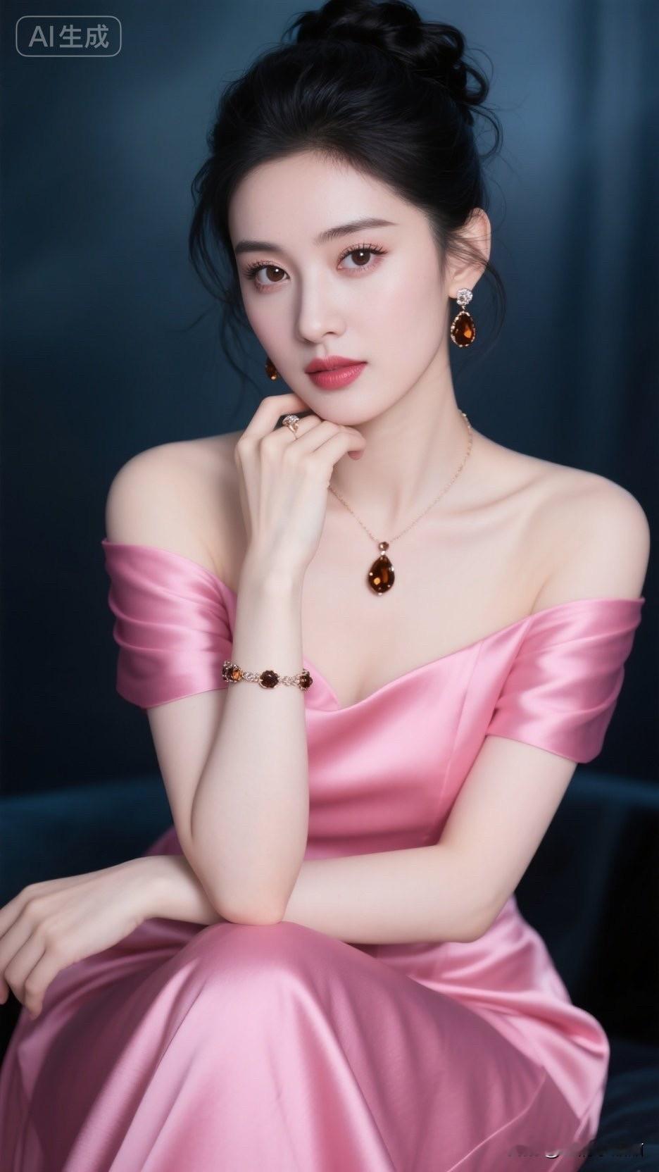 她这身是当下流行的“柔奢名媛风”穿搭：玫粉色缎面露肩长裙，光泽面料衬出...