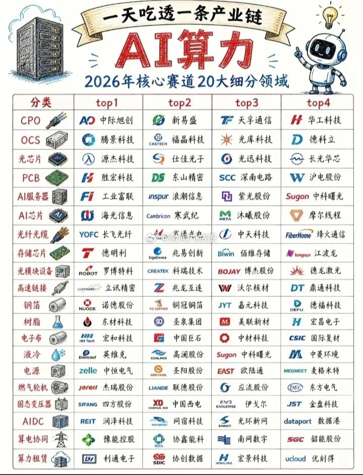 AI算力细分领域相关公司汇总:以下图表展示的股票不构成投资建议，据此操作风险自负