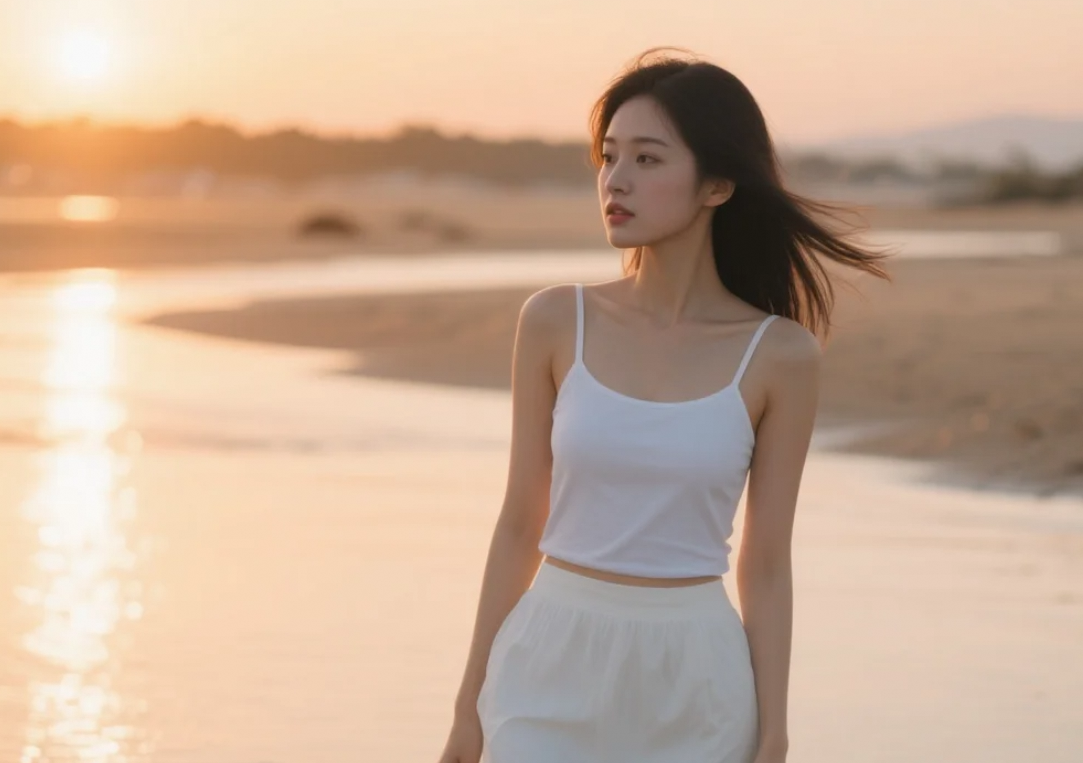 海边的她，白裙与晚霞交织成一幅画