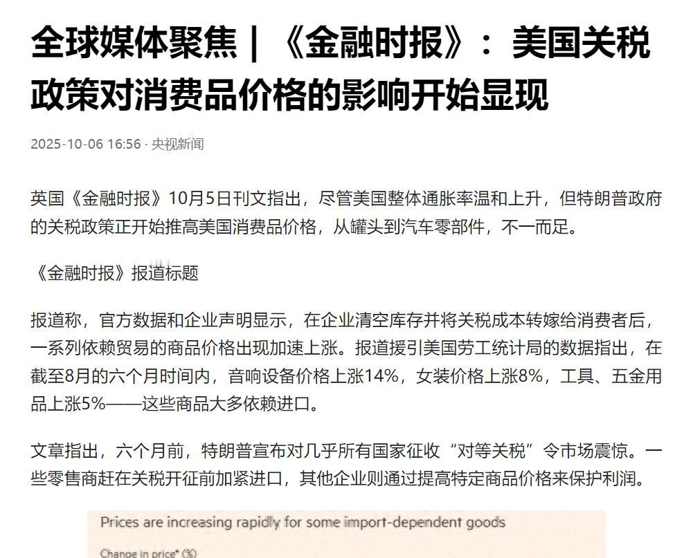 外媒慌了，特朗普推行对等关税6个月之后，美国国内商品已经开始全线涨价！根据英