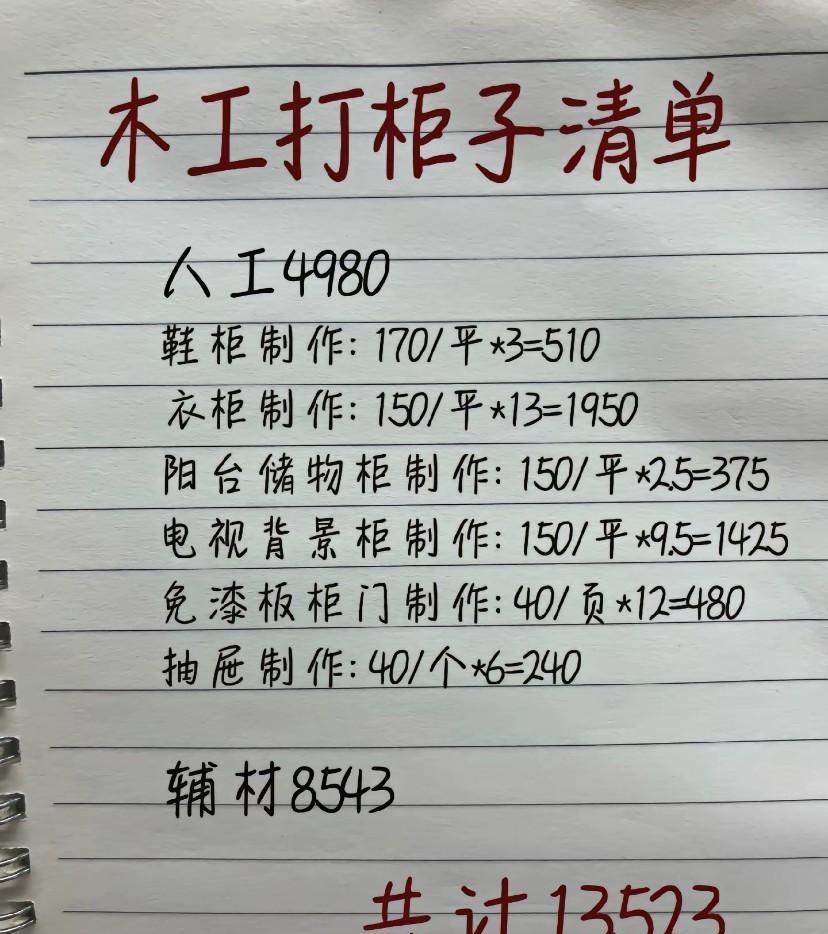 木工师傅发来的打柜子清单，总共13000多，大家觉得这个价位如何，木工师傅说：如