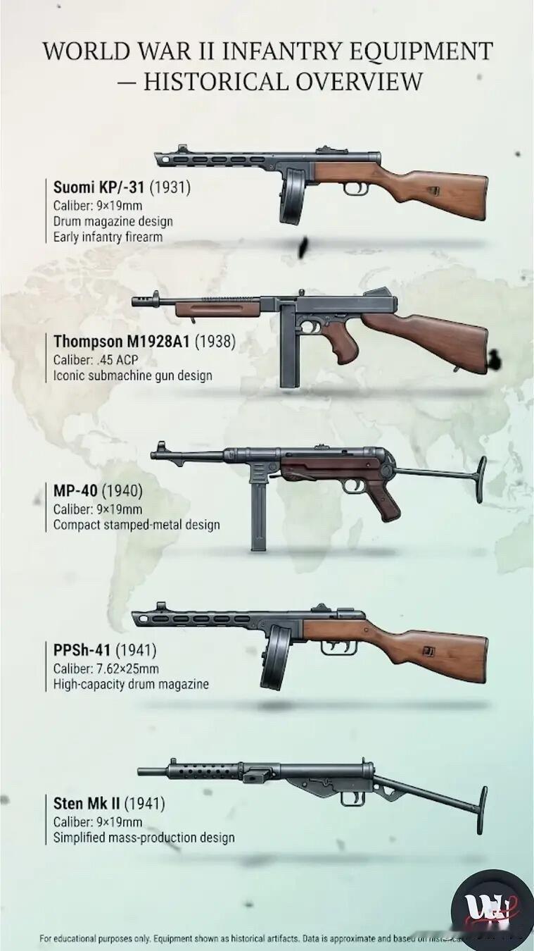 5支二战经典冲锋枪。芬兰索米KP/-31凭借精准的射击性能和大容量鼓弹匣，成为二