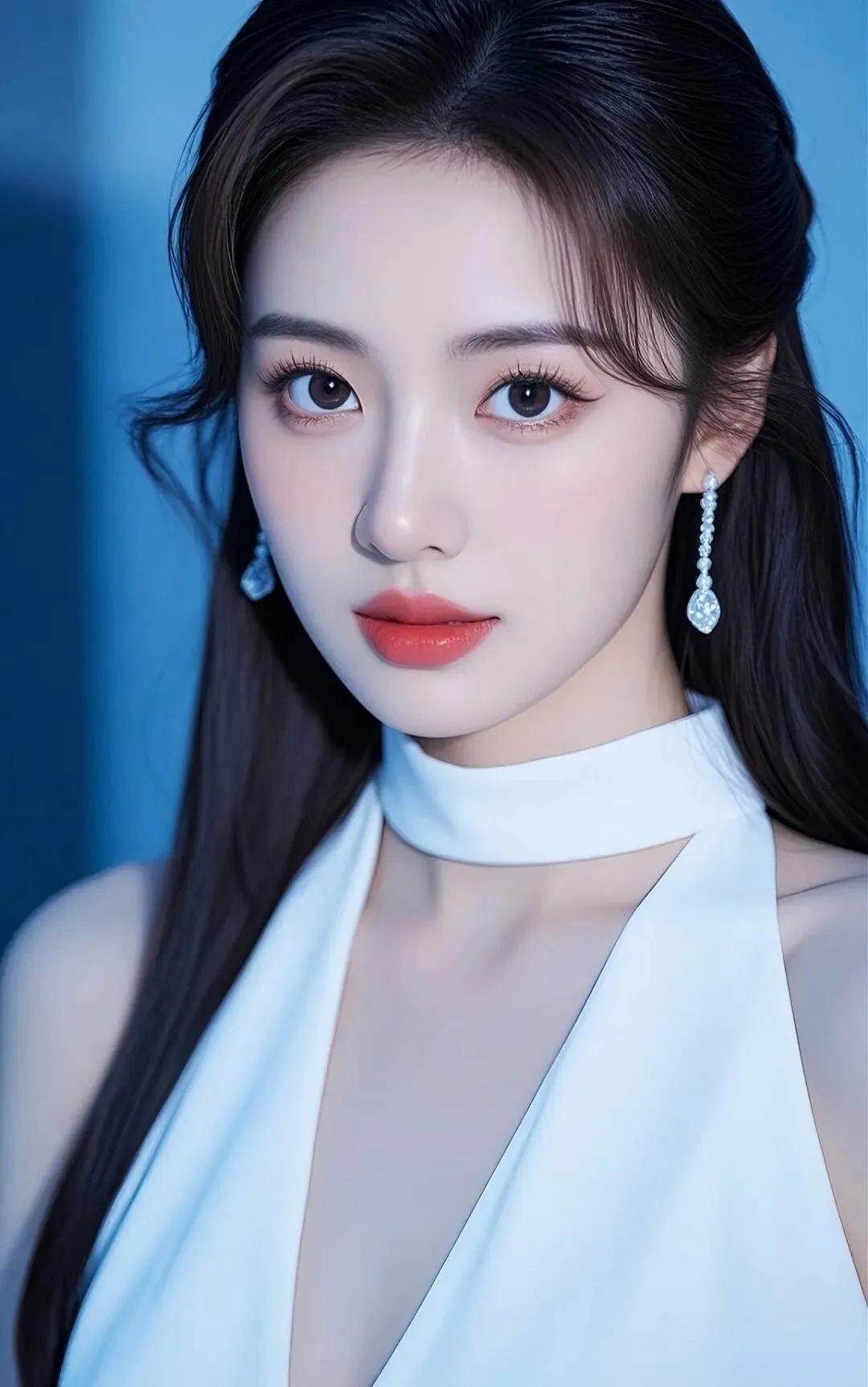 优雅气质，蓝调背景下的白衣美人