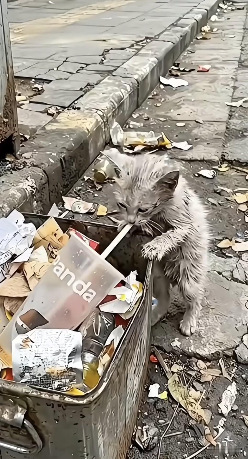 泪目了！这天一位小哥哥去散步，当他走到一个垃圾桶附近的时候，看到一只可怜的流浪小