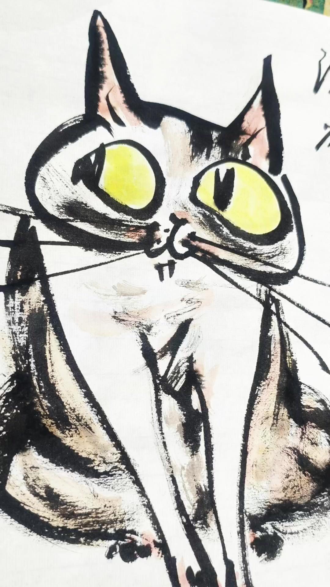 水墨晕染间，一只“潦草猫”跃然纸上。用毛笔勾勒轮廓，墨色浓淡间，猫咪的慵懒与灵动