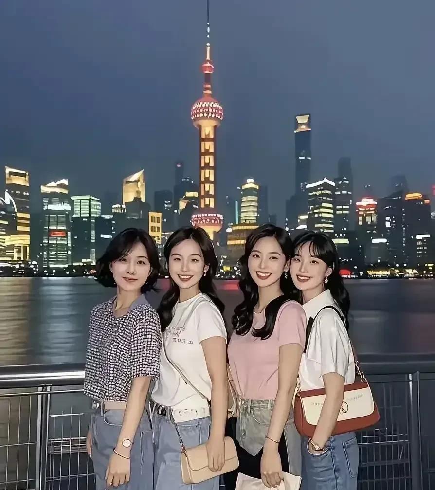 这是四位大美女的合影照，她们个个衣着光鲜亮丽，妆容精致，真是一个比一个漂亮。
