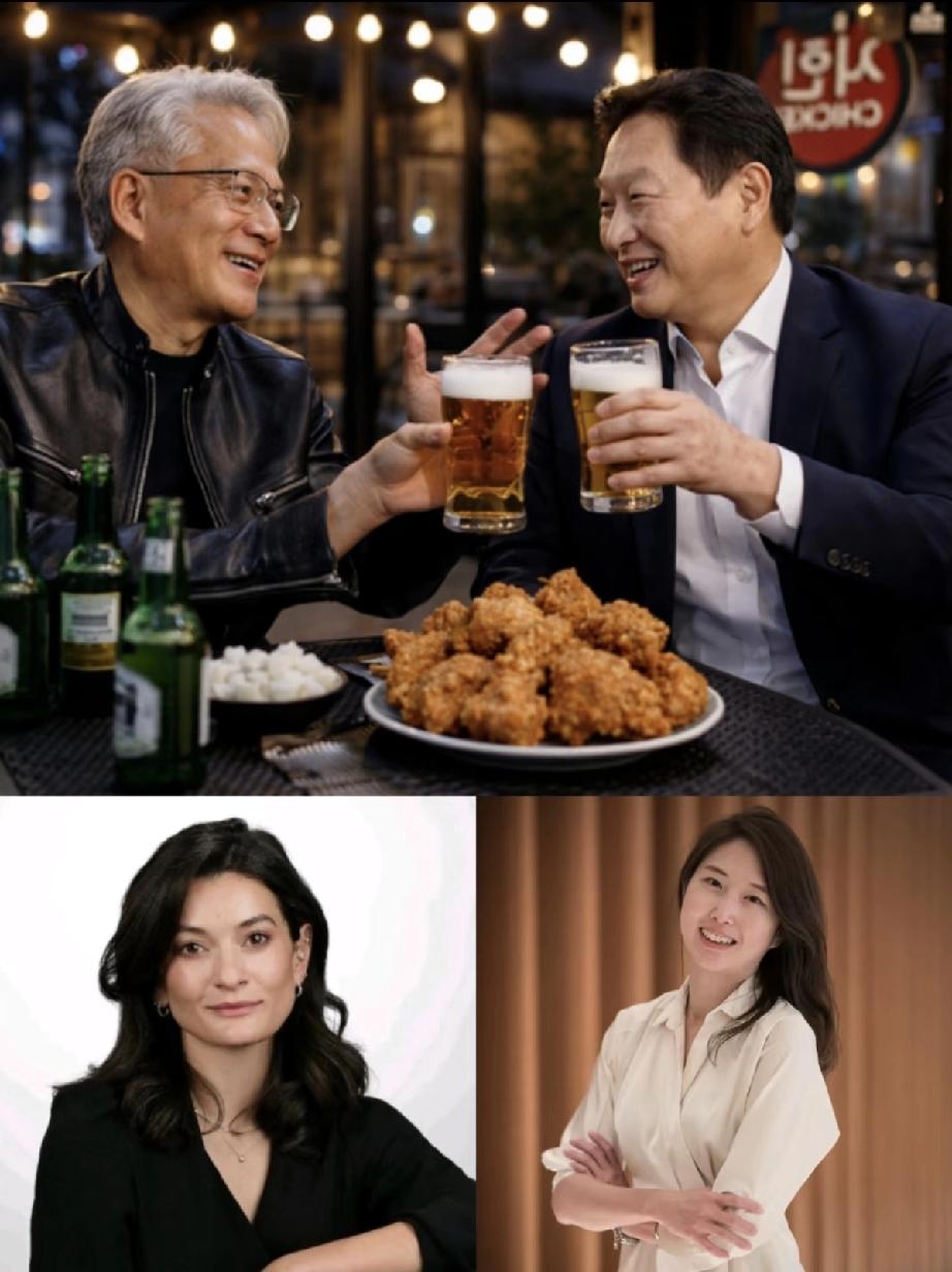 黄仁勋回美国好放松，带女儿吃炸鸡与韩国大佬崔泰源相聚，依旧穿皮衣！前阵子，黄