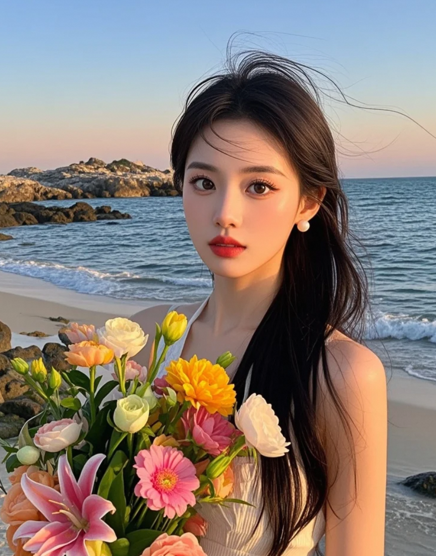 海浪轻吟，她捧一束花等待远方的你
