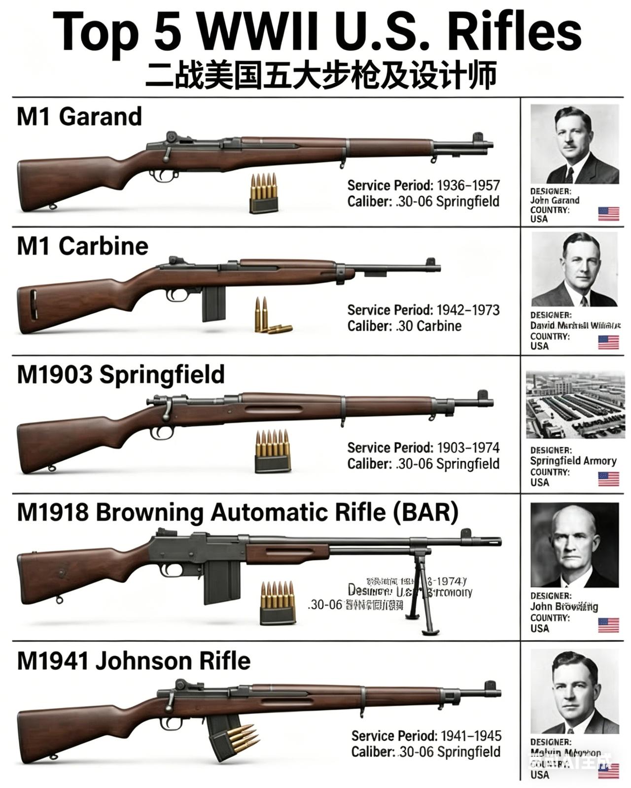 一张图带你认识二战美军最经典的5款步枪，从半自动神器到自动火力，每一把都见证了战